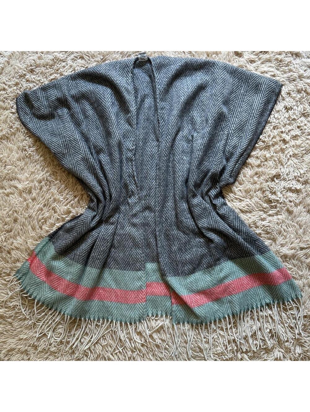 Just Jamie Grey Herringbone Fringe Poncho with Pink and Green Stripes